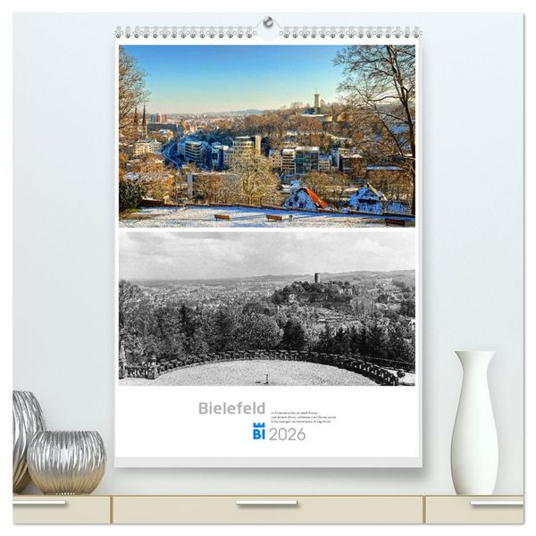 Bielefelder Fotomotive heute und damals mit historischen Ereignissen (hochwertiger Premium Wandkalender 2026 DIN A2 hoch), Kunstdruck in Hochglanz