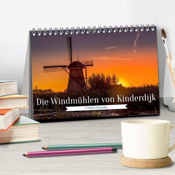 Produktbild: Die Windm&uuml;hlen von Kinderdijk - UNESCO Welterbe (Tischkalender 2026 DIN A5 quer), CALVENDO Monatskalender