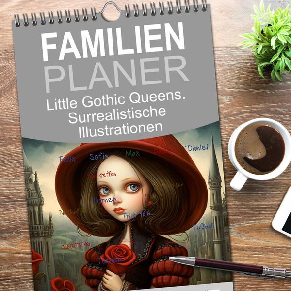 Produktbild: Familienplaner 2026 - Little Gothic Queens. Surrealistische Illustrationen mit 5 Spalten (Wandkalender, 21 x 45 cm) CALVENDO
