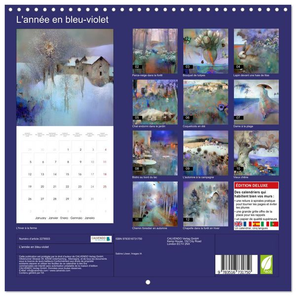 Produktbild: L'ann&eacute;e en bleu-violet (Calendrier mural carr&eacute; 2026 30x30 cm) Calendrier double avec une page pour vos prises de notes