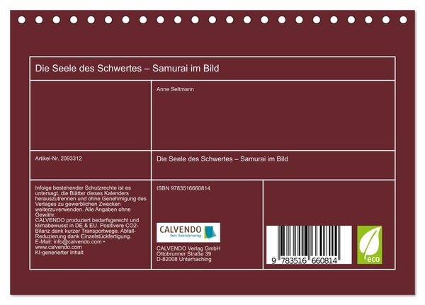 Produktbild: Die Seele des Schwertes &ndash; Samurai im Bild (Tischkalender 2026 DIN A5 quer), CALVENDO Monatskalender