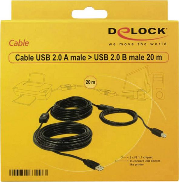 Produktbild: Delock USB-Kabel USB 2.0 USB-A Stecker, USB-B Stecker 20.00m Schwarz UL-zertifiziert 83557