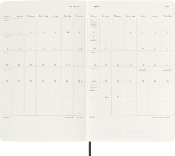 Produktbild: Moleskine 12 Monate Wochen Notizkalender Deutsch 2027, Large/A5, 1 Wo = 1 Seite, rechts linierte Seite, Weicher Einband, Schwarz