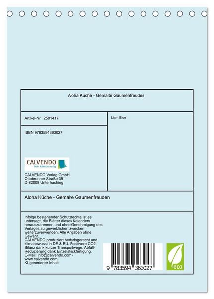 Produktbild: Aloha K&uuml;che - Gemalte Gaumenfreuden (Tischkalender 2027 DIN A5 hoch), CALVENDO Monatskalender