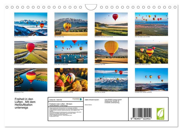 Produktbild: Freiheit in den L&uuml;ften . Mit dem Hei&szlig;luftballon unterwegs (Wandkalender 2026 DIN A4 quer), CALVENDO Monatskalender