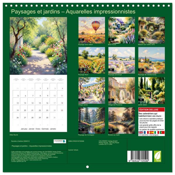 Produktbild: Paysages et jardins &ndash; Aquarelles impressionnistes (Calendrier mural carr&eacute; 2026 30x30 cm) Calendrier double avec une page pour vos prises de notes