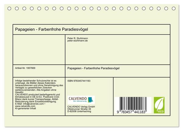 Produktbild: Papageien - Farbenfrohe Paradiesv&ouml;gel (Tischkalender 2026 DIN A5 quer), CALVENDO Monatskalender