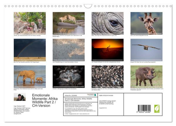 Produktbild: Emotionale Momente: Afrika Wildlife Part 2 / CH-Version (Wandkalender 2026 DIN A3 quer), CALVENDO Monatskalender