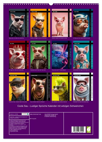 Produktbild: Coole Sau - Lustiger Spr&uuml;che Kalender mit witzigen Schweinchen (hochwertiger Premium Wandkalender 2026 DIN A2 hoch), Kunstdruck in Hochglanz