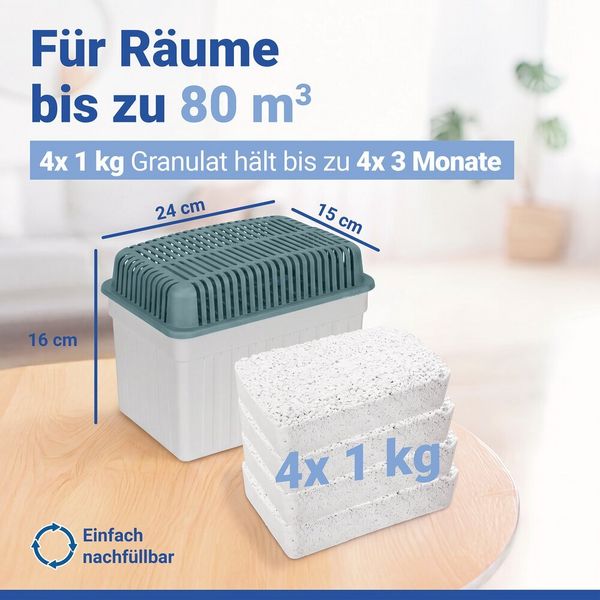 Produktbild: Luftentfeuchter 1 kg Grau, inkl. 3 Nachf&uuml;ller, f&uuml;r R&auml;ume bis 80 m&sup3;