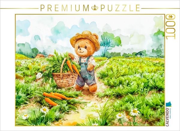 CALVENDO Puzzle Teddy trägt einen Korb voller Möhren | 1000 Teile Lege-Größe 64x48cm Foto-Puzzle für glückliche Stunden