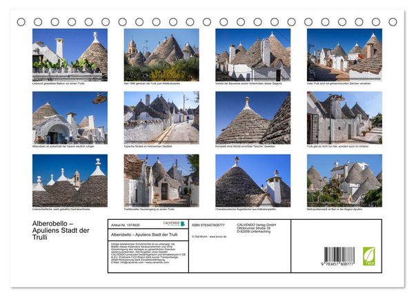 Produktbild: Alberobello &ndash; Apuliens Stadt der Trulli (Tischkalender 2026 DIN A5 quer), CALVENDO Monatskalender