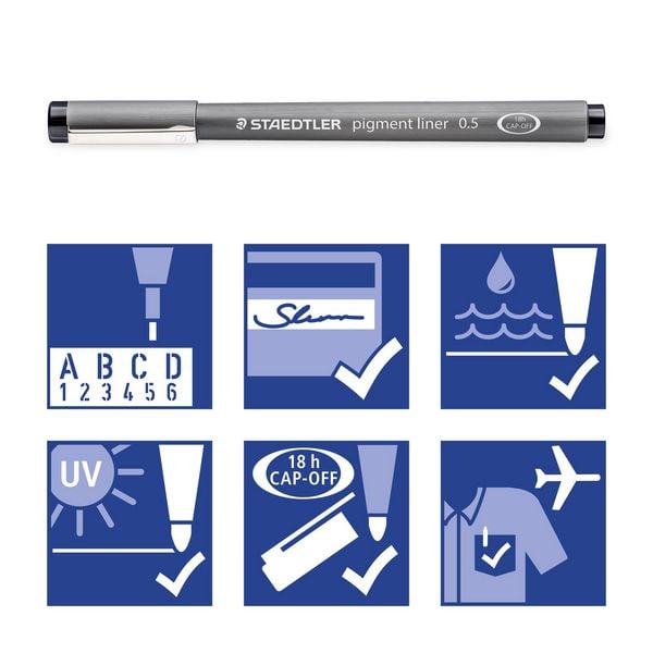 Produktbild: STAEDTLER pigment liner 308 Fineliner, 3er Set (0.3, 0.5, 0.7), 1 Radierer + 1 Spitzer, 308 SBK3P
