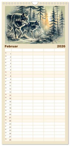 Produktbild: Familienplaner 2026 - Die Eleganz der W&ouml;lfe - Mythische Begegnungen in der Natur mit 5 Spalten (Wandkalender, 21 x 45 cm) CALVENDO