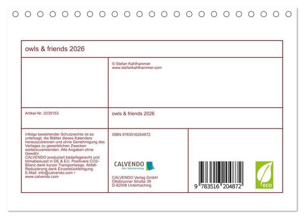 Produktbild: owls & friends 2026 (Tischkalender 2026 DIN A5 quer), CALVENDO Monatskalender