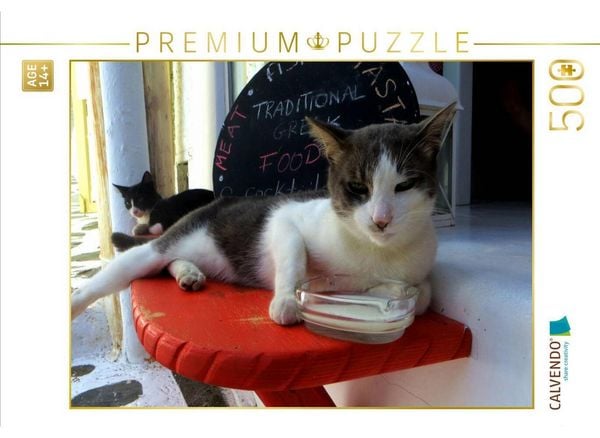 CALVENDO Puzzle Milchtrinkende Katze vor Taverne | 500 Teile Lege-Größe 48 × 36 cm Foto-Puzzle für Erwachsene