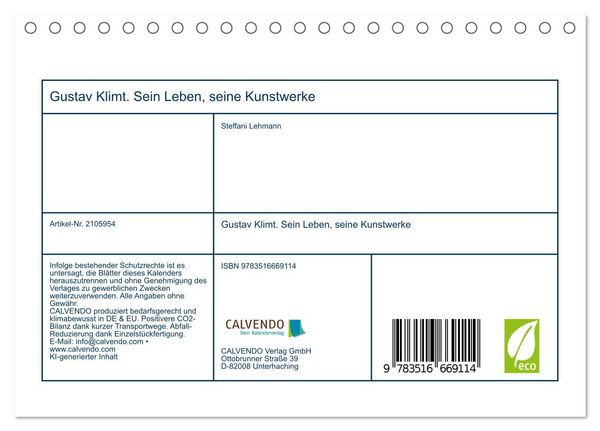 Produktbild: Gustav Klimt. Sein Leben, seine Kunstwerke (Tischkalender 2026 DIN A5 quer), CALVENDO Monatskalender