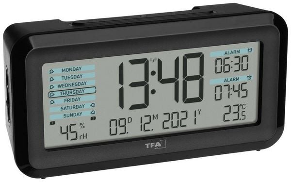 Produktbild: TFA Dostmann 60.2562.01.GB Funk Wecker Schwarz, Hellblau Alarmzeiten 2 Gro&szlig;es Display