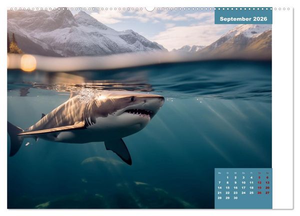 Produktbild: Stille Giganten - KI-generierte Hai-Impressionen (hochwertiger Premium Wandkalender 2026 DIN A2 quer), Kunstdruck in Hochglanz
