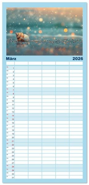 Produktbild: Familienplaner 2026 - Sandgefl&uuml;ster und Muschelzauber mit 5 Spalten (Wandkalender, 21 x 45 cm) CALVENDO