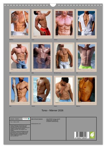 Produktbild: Torso - M&auml;nner 2026 (Wandkalender 2026 DIN A3 hoch), CALVENDO Monatskalender