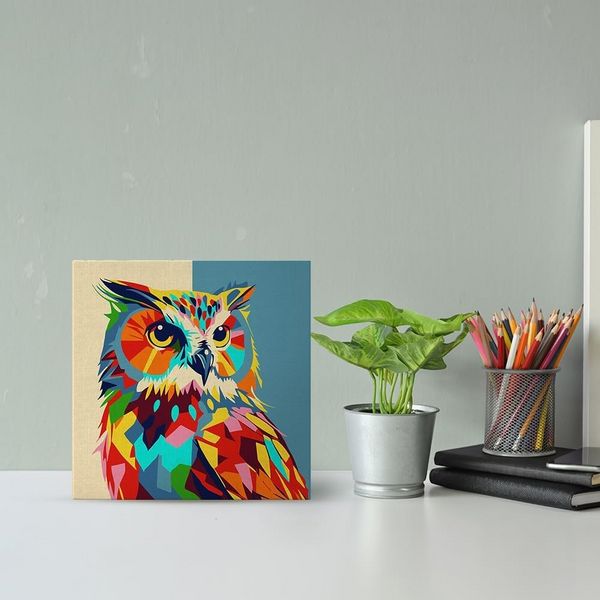 Produktbild: FiguredArt SFA094-Y - Mini Malen nach Zahlen, Abstrakte Pop Art Eule, Leinwand-Keilrahmen 20x20cm, DIY Bastelset, Paint by Numbers