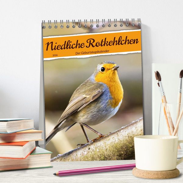 Produktbild: Niedliche Rotkehlchen (Tischkalender 2026 DIN A5 hoch), CALVENDO Monatskalender