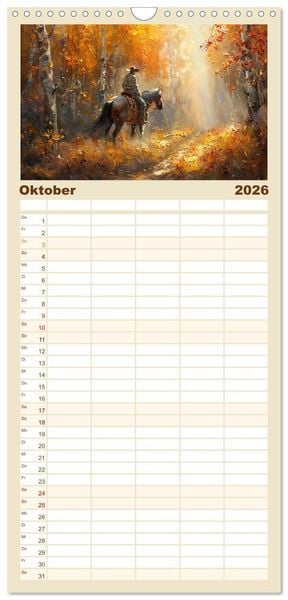 Produktbild: Familienplaner 2026 - Pferde, Staub und Freiheit mit 5 Spalten (Wandkalender, 21 x 45 cm) CALVENDO