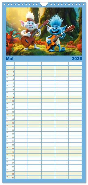 Produktbild: Familienplaner 2026 - Die bunte Welt der Trolle mit 5 Spalten (Wandkalender, 21 x 45 cm) CALVENDO