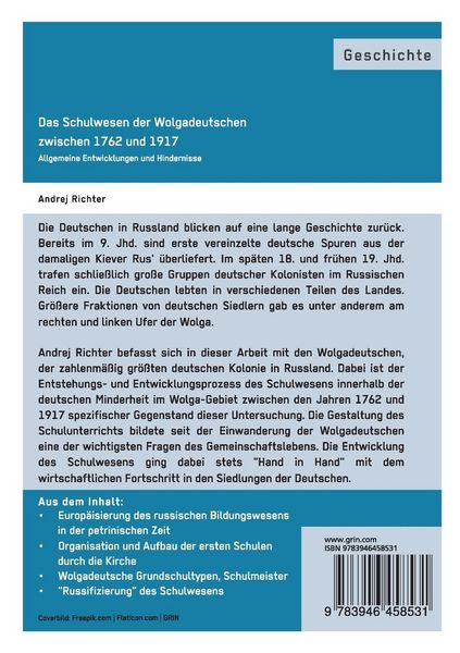 Produktbild: Das Schulwesen der Wolgadeutschen zwischen 1762 und 1917. Allgemeine Entwicklungen und Hindernisse
