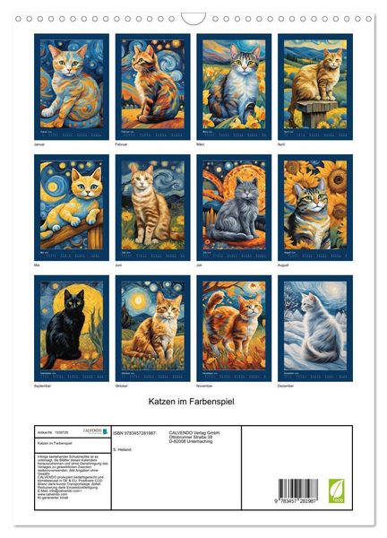 Produktbild: Katzen im Farbenspiel (Wandkalender 2026 DIN A3 hoch), CALVENDO Monatskalender