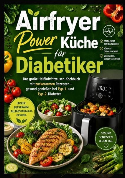 Produktbild: Airfryer Power K&uuml;che f&uuml;r Diabetiker: Das gro&szlig;e Hei&szlig;luftfritteusen-Kochbuch mit zuckerarmen Rezepten - gesund genie&szlig;en bei Typ-1- und Typ-2-Diabetes