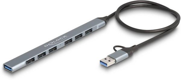 Produktbild: Delock 64273 USB-Hub 7 Port USB-A USB 3.2 Gen1 5 GBit/s mit USB-C&reg; Stecker Grau 64273