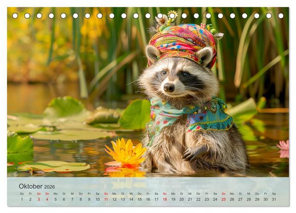 Produktbild: Niedlicher Waschb&auml;ren-Style. Modisch, elegant und blumig (Tischkalender 2026 DIN A5 quer), CALVENDO Monatskalender