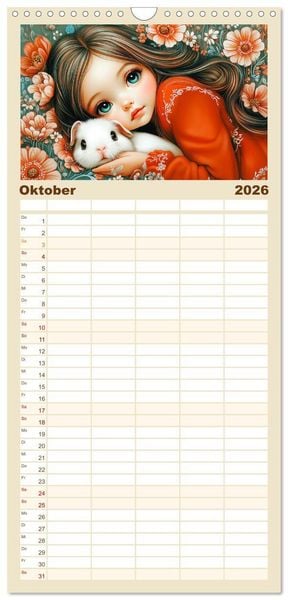 Produktbild: Familienplaner 2026 - Vertr&auml;umte M&auml;dchen. Tiere, Blumen, Liebe. mit 5 Spalten (Wandkalender, 21 x 45 cm) CALVENDO