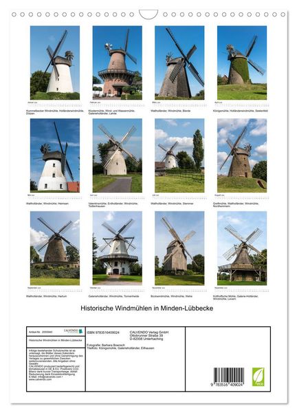 Produktbild: Historische Windm&uuml;hlen in Minden-L&uuml;bbecke (Wandkalender 2026 DIN A3 hoch), CALVENDO Monatskalender