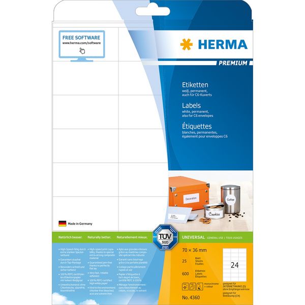Produktbild: HERMA Etiketten permanent wei&szlig; 70x36mm 25 Blatt 600 St&uuml;ck