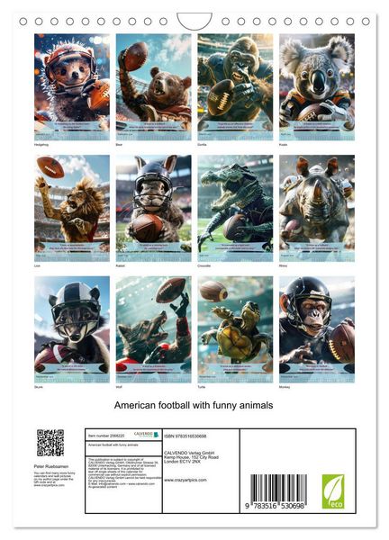 Produktbild: American football with funny animals (Wall Calendar 2026 DIN A4 portrait), CALVENDO 12 Month Wall Calendar