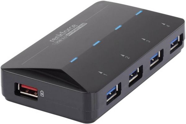 Produktbild: Renkforce RF-3806031 USB-Hub 4 Port USB-A USB 3.0 5 GBit/s mit Schnellladeport, mit Status-LEDs Schwarz