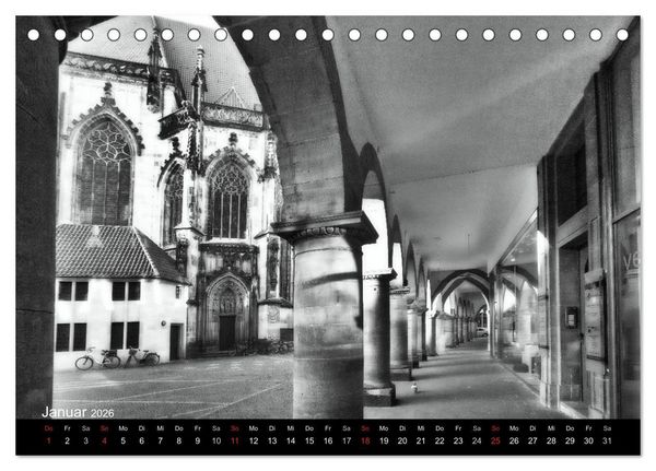 Produktbild: M&uuml;nster in schwarz-wei&szlig; gesehen (Tischkalender 2026 DIN A5 quer), CALVENDO Monatskalender