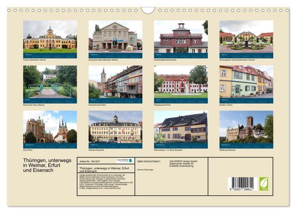 Produktbild: Th&uuml;ringen, unterwegs in Weimar, Erfurt und Eisenach (Wandkalender 2026 DIN A3 quer), CALVENDO Monatskalender