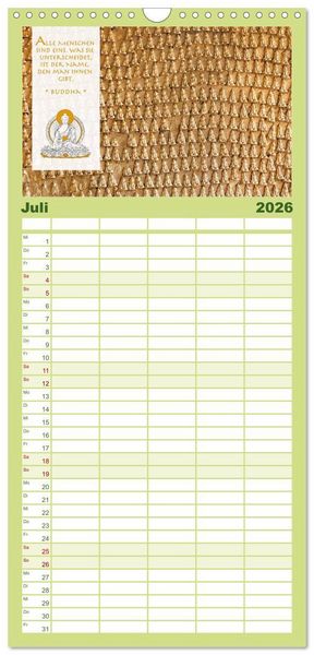 Produktbild: Familienplaner 2026 - BUDDHA im GL&Uuml;CK &ndash; Weisheiten aus Asien mit 5 Spalten (Wandkalender, 21 x 45 cm) CALVENDO