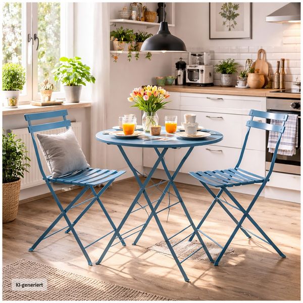 Produktbild: HTI-Living Bistro Sitzgruppe Metall Blau klappbar Tisch mit 2 St&uuml;hlen Balkon Set