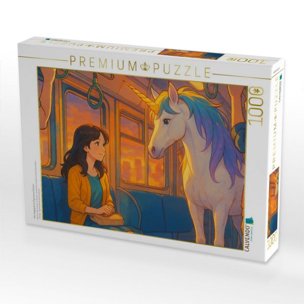 Produktbild: CALVENDO Puzzle Frau begegnet im Zug einem Einhorn | 1000 Teile Lege-Gr&ouml;&szlig;e 64x48cm Foto-Puzzle f&uuml;r gl&uuml;ckliche Stunden