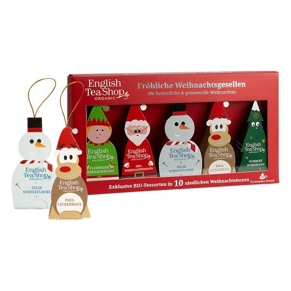 Produktbild: Wintertee Geschenk "Fr&ouml;hliche Weihnachtsgesellen" Teefiguren, BIO, 5 Sorten, 10 Pyramidenbeutel