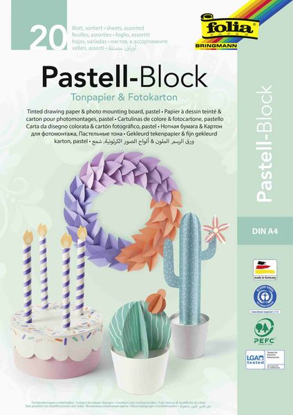 Produktbild: Folia Pastell-Block, Tonpapier und Fotokarton, DIN A4, 20 Blatt in 10 Farben sortiert
