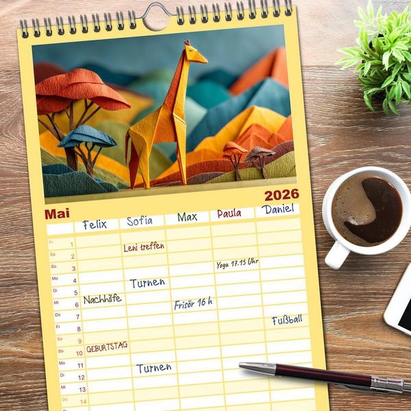 Produktbild: Familienplaner 2026 - Origami Zoo - Bunter Tierkalender f&uuml;r Kinder und Familien mit 5 Spalten (Wandkalender, 21 x 45 cm) CALVENDO