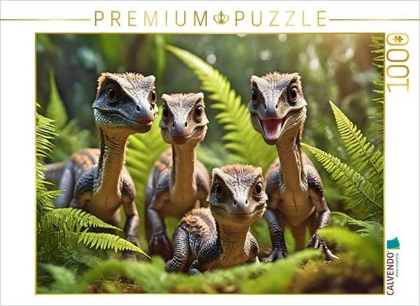CALVENDO Puzzle Rudel frecher Raptoren im urzeitlichen Farnwald | 1000 Teile Lege-Größe 64x48cm Foto-Puzzle für glückliche Stunden