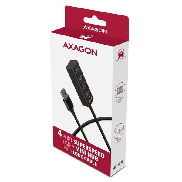 Produktbild: AXAGON HUE-M1AL USB-Hub 4 Port USB-A USB 3.2 Gen1 5 GBit/s Silber HUE-M1AL