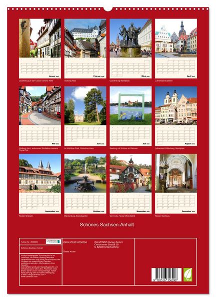 Produktbild: Sch&ouml;nes Sachsen-Anhalt (Wandkalender 2026 DIN A2 hoch), CALVENDO Monatskalender